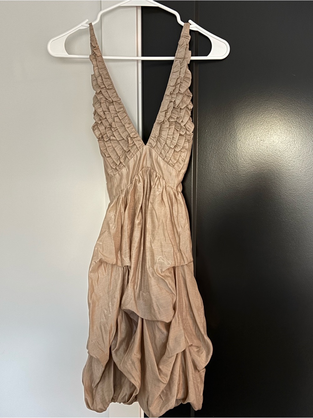 Backless V-Neck Spaghetti Strap Taupe Ruffled Cocktail Dress with Gold Accents